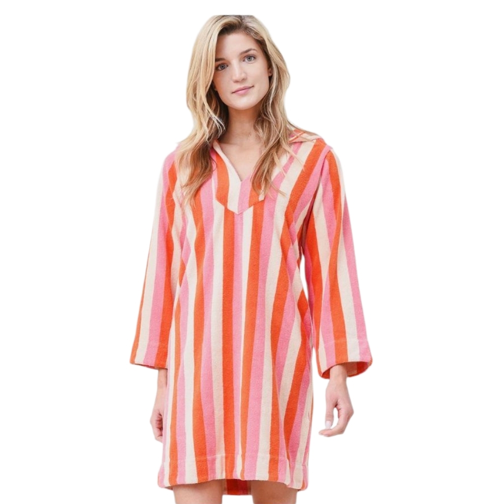 💜 TROVATA Striped Pink and Orange Swim Cover-Up Terry Hooded Birds